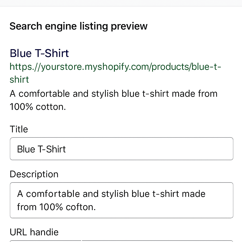The search engine listing preview section in the Shopify product editor in English