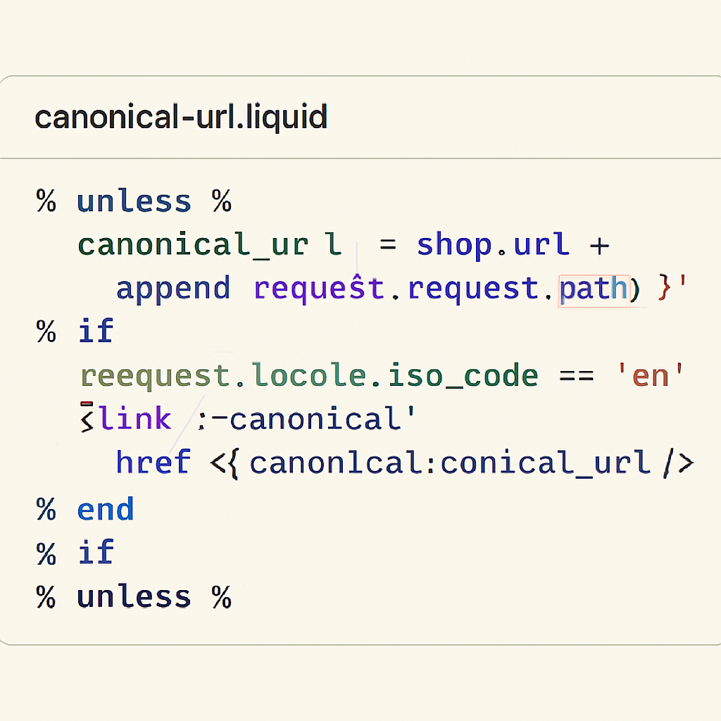 A code editor showing Shopify Liquid code adjustments for canonical URLs in English