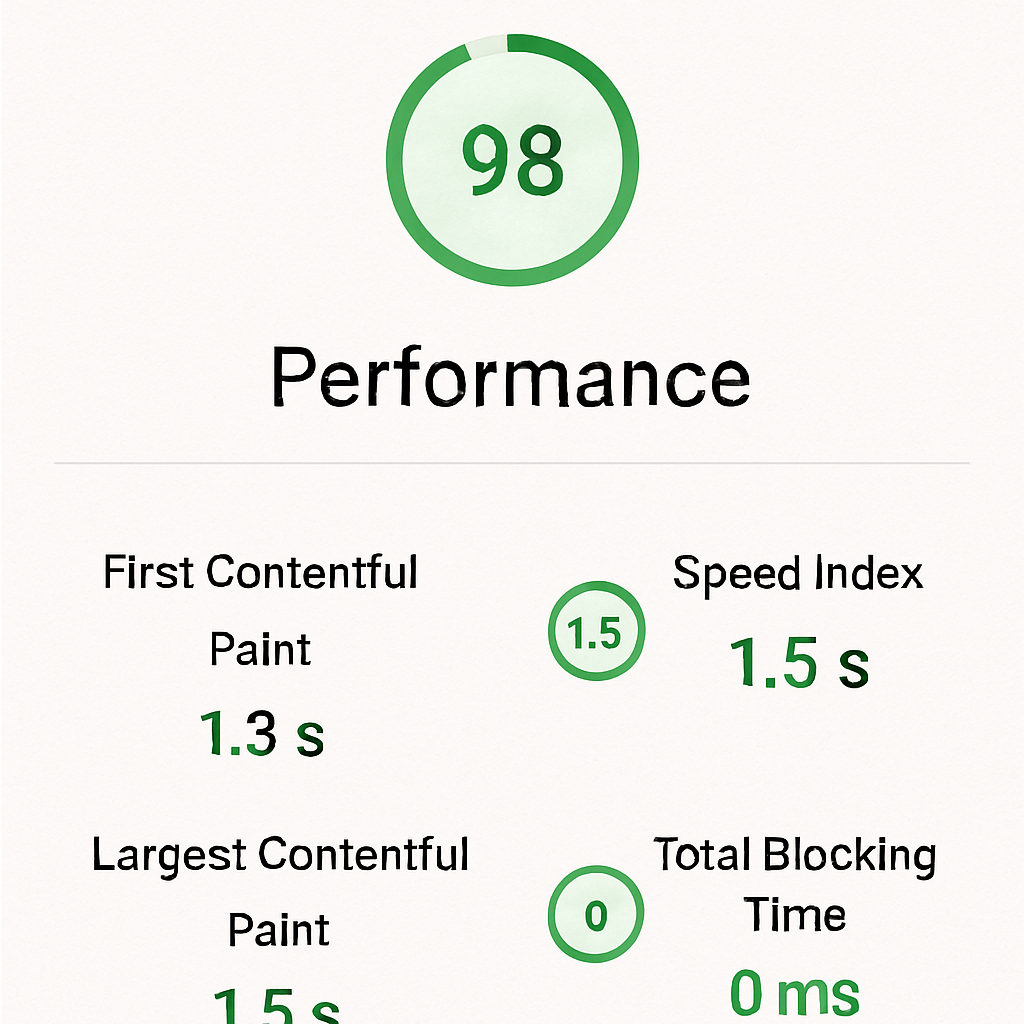 Google PageSpeed Insights dashboard showing high mobile performance scores in English