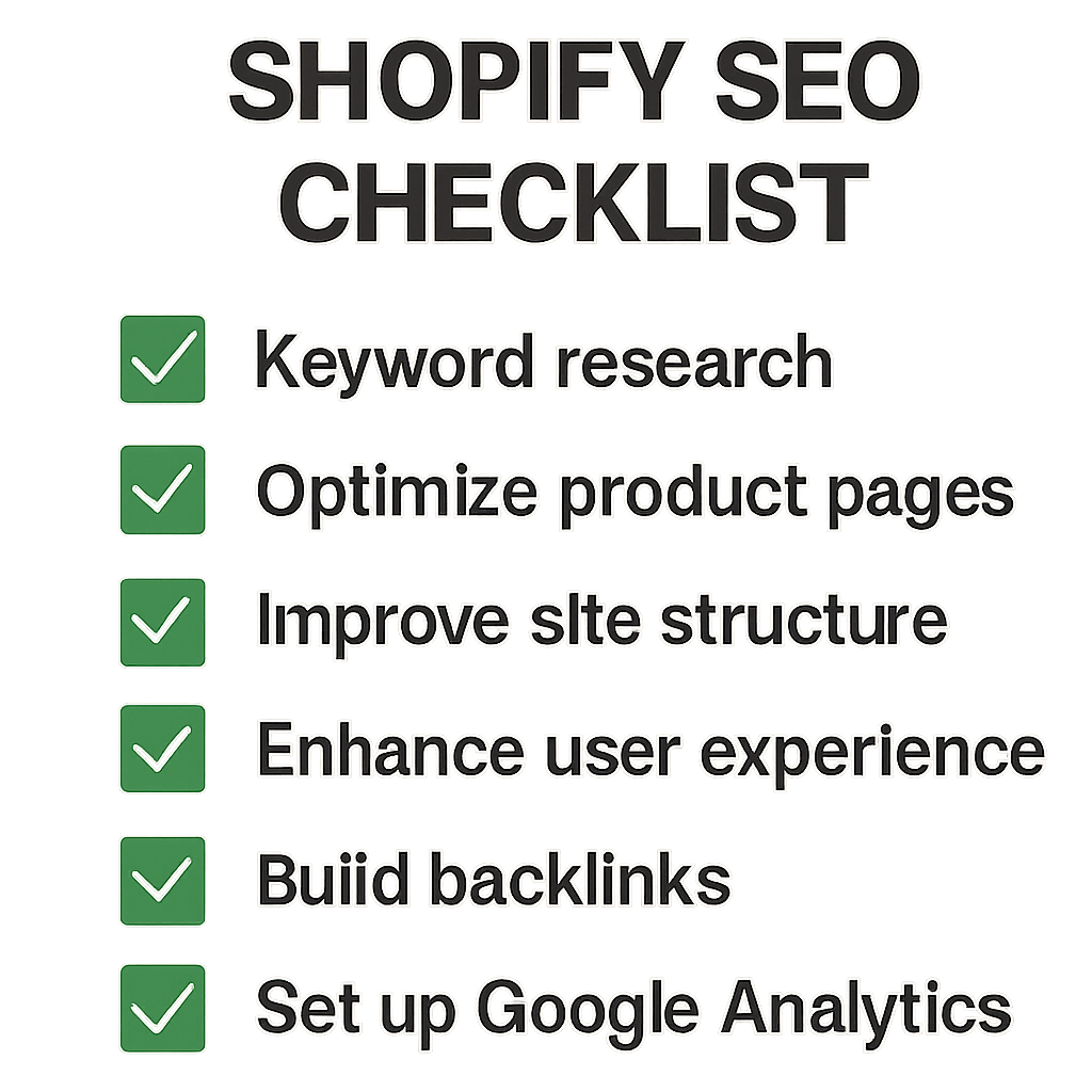 A digital checklist graphic illustrating essential Shopify SEO tasks in English